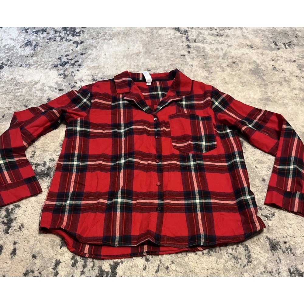 Stars Above Women's Button Red Plaid Flannel long Sleeve Pajama Shirt Sz Small